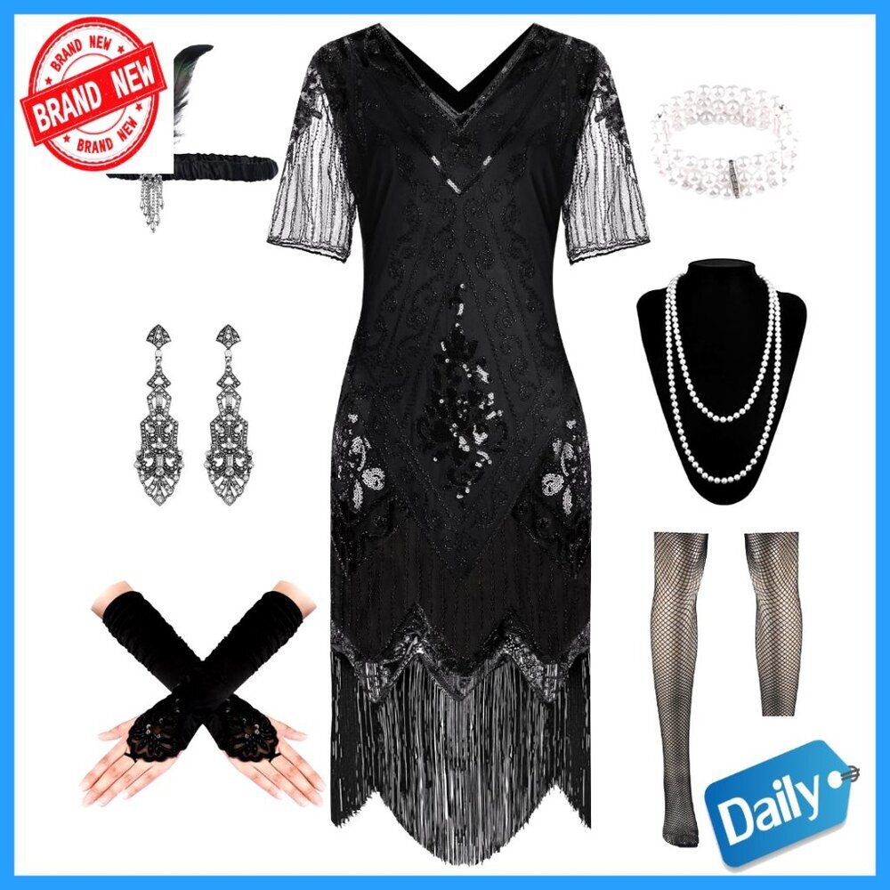Sequin Flapper Dress with Accessories Set V Neck Fringe Costume